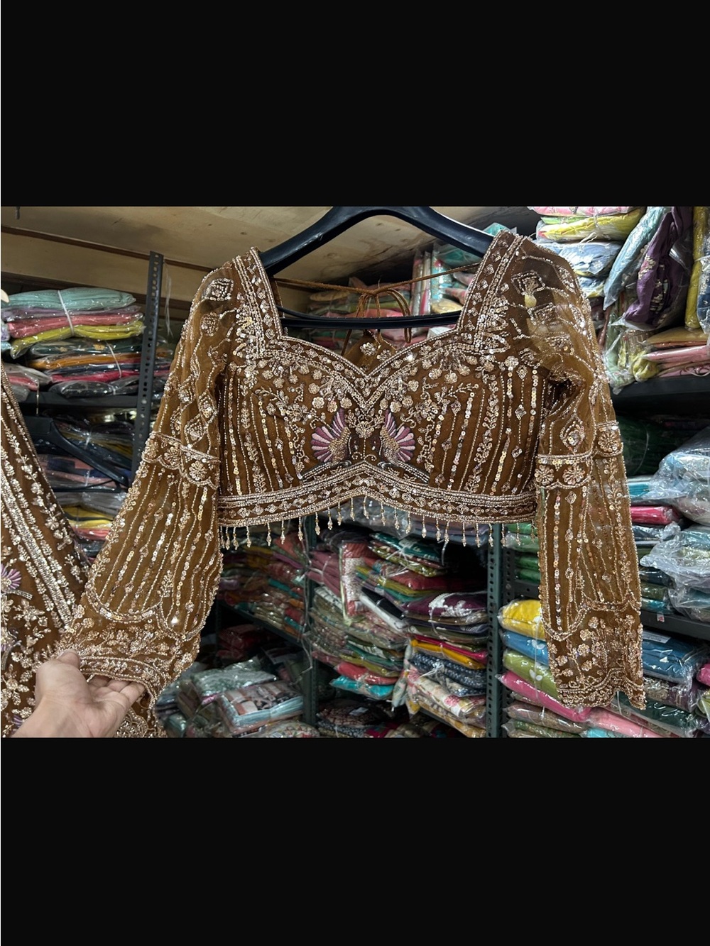 Embellished Brown Women's Crop Blouse with Long Sleeves